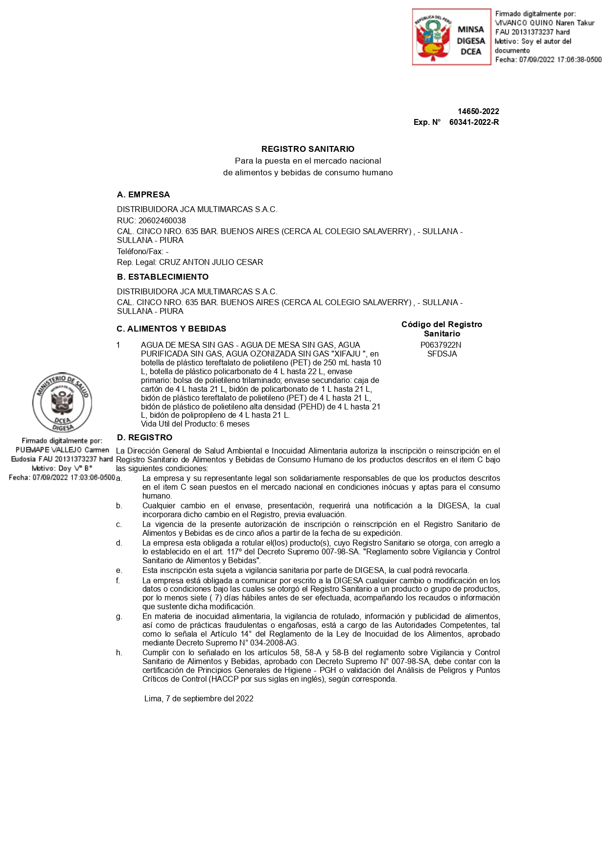 Certificado Sanitario emitido por DIGESA